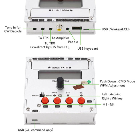 K3NG Keyer CW Morse Code Controller in aluminum alloy enclosure with USB keyboard, rotary encoder, and LCD display for ham radio.