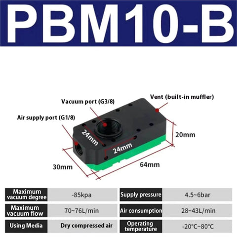 Compact Mini Multi Stage Vacuum Generator PBM10-B dimensions and specifications