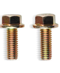 Two metal hex bolts with shiny finish, suitable for automotive use, showcasing threaded body and hexagonal head in front view.