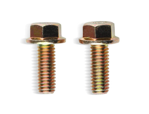 Two metal hex bolts with shiny finish, suitable for automotive use, showcasing threaded body and hexagonal head in front view.