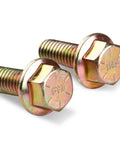 Two hex bolts with embossed markings on a white background, showing threaded section and hex heads side by side.