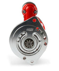 Front view of Dynaforce 5090 Starter Red Sbf with gear and ball-bearing supported armature for tight clearance with oil pans and exhaust.