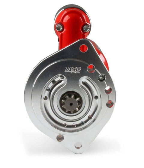 Front view of Dynaforce 5090 Starter Red Sbf with gear and ball-bearing supported armature for tight clearance with oil pans and exhaust.