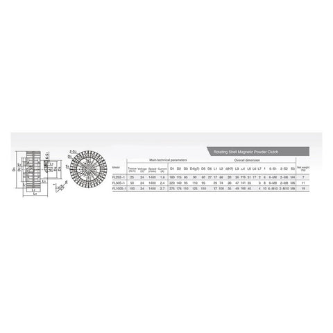 Technical diagram of External Rotary Magnetic Particle Brake, 2.5Kg Capacity, FLS-1 Series ZA-2.5A1 with specifications chart.