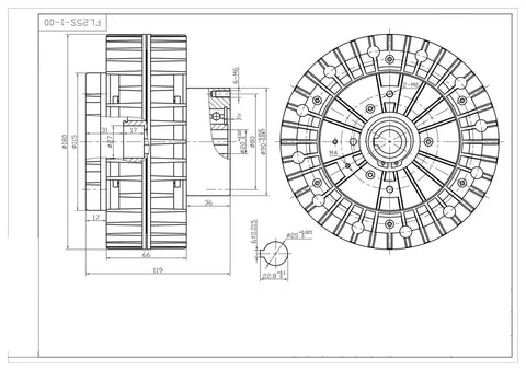 Technical drawing of External Rotary Magnetic Particle Brake, 2.5Kg Capacity, FLS-1 Series ZA-2.5A1, top and side view.