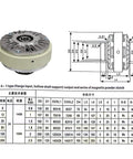 Diagram and specification for Hole Type Magnetic Particle Clutch With 0.6Kg To 20Kg Capacity 0.6Kg To 6Nm Torque Rock Solid Alloy Build