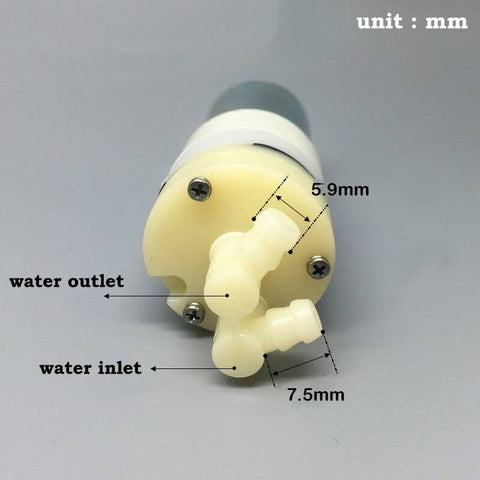 Compact Self Priming Diaphragm Micro Pump For 5V 6V 9V And 12V Systems with inlet and outlet ports labeled, top view