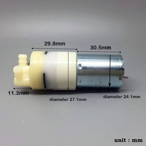 Compact Self Priming Diaphragm Micro Pump For 5V 6V 9V And 12V Systems, 370 Motor, with dimensions labeled