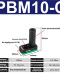 Compact Mini Multi Stage Vacuum Generator for shop floor shown with dimensions and specifications, compatible with PBM10-C model.