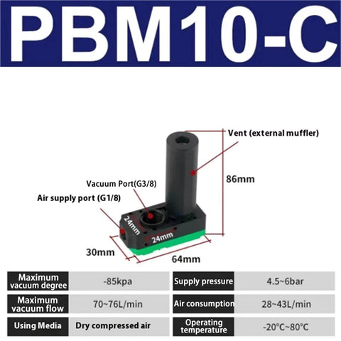 Compact Mini Multi Stage Vacuum Generator for shop floor shown with dimensions and specifications, compatible with PBM10-C model.