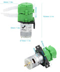 Compact 2x4mm peristaltic pump head for dosing and water circulation of viscous and nonviscous liquids, DC12V, side and front view