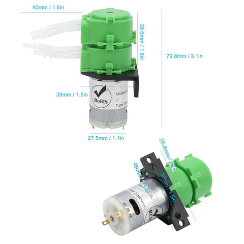 Compact 2x4mm peristaltic pump head for dosing and water circulation of viscous and nonviscous liquids, DC12V, side and front view