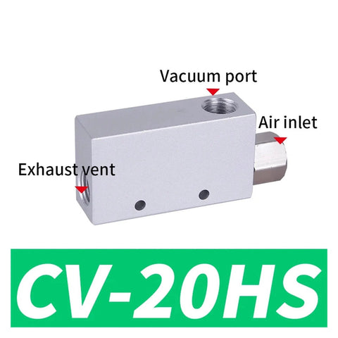 Compact Pneumatic Vacuum Ejector CV-20HS-12mm with labeled vacuum port, air inlet, and exhaust vent for industrial automation efficiency.