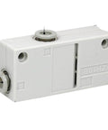 Compact Pneumatic Vacuum Generator Box Type Air Ejector for industrial automation and suction handling in a white rectangular design.