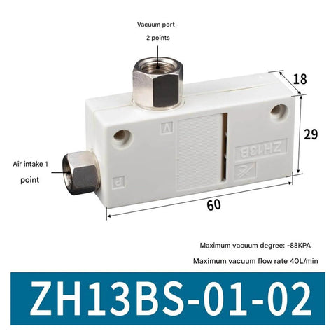 Close-up of Compact Pneumatic Vacuum Generator Box Type Air Ejector for Industrial Automation with dimensions and ports labeled.