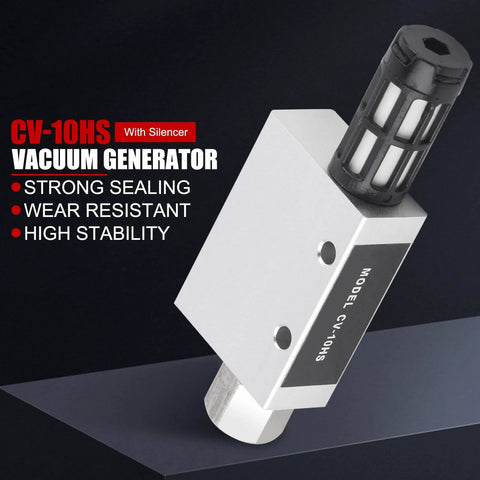 CV-10HS Ejector Type Pneumatic Vacuum Generator With Silencer, compact aluminum body, shown at angle for material handling use