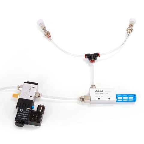Compact Pneumatic Ejector Vacuum Generator With Bonus Silencer Filter And 3/8 G Fittings in white background showing components.