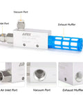 Compact Pneumatic Ejector Vacuum Generator with Bonus Silencer Filter and 3/8 G Fittings, side view with ports labeled.