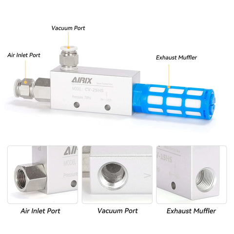 Compact Pneumatic Ejector Vacuum Generator with Bonus Silencer Filter and 3/8 G Fittings, side view with ports labeled.