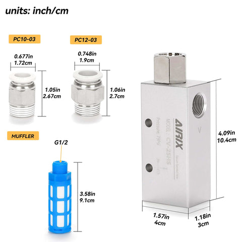 Compact Pneumatic Ejector Vacuum Generator With Bonus Silencer Filter And 3/8 G Fittings, shown with dimensions in inches and cm.