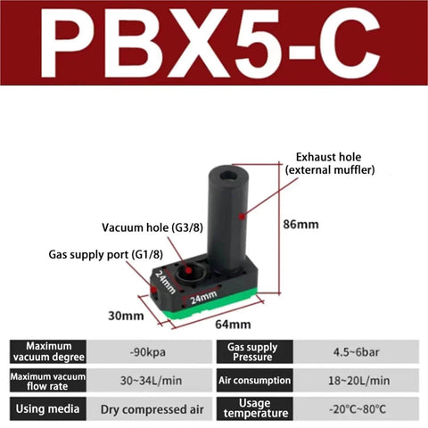 Diagram of Compact Multi Stage Vacuum Generator In One Small Package With Energy Saving Design, high flow, strong suction PBX5-C