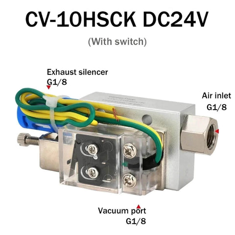 Pro Grade Pneumatic Vacuum Generator CV-10HS With High Negative Venturi Air Exhaust Ejector, CV-10HSCK version, close-up view