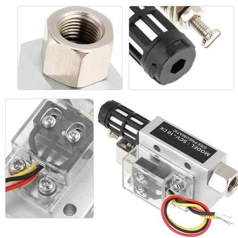 Close-up of SCV-10CK Vacuum Generator Negative Pressure Generator Pneumatic Exhaust Compact Air Ejector Fitting with switch.