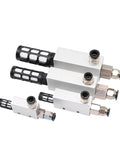 Three silver compact vacuum generators with air exhaust ejectors and precision control valves for pneumatic systems, side view.