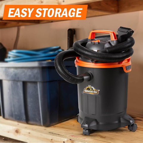 Powerful 2 HP Wet Dry Vacuum With 4 Gallon Tank And Nozzles, compact shop vacuum stored on shelf, black and orange design