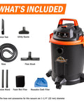 Powerful 2 HP Wet Dry Vacuum With 4 Gallon Tank And Nozzles, includes crevice tool, utility nozzle, hose, floor brush, black and orange.