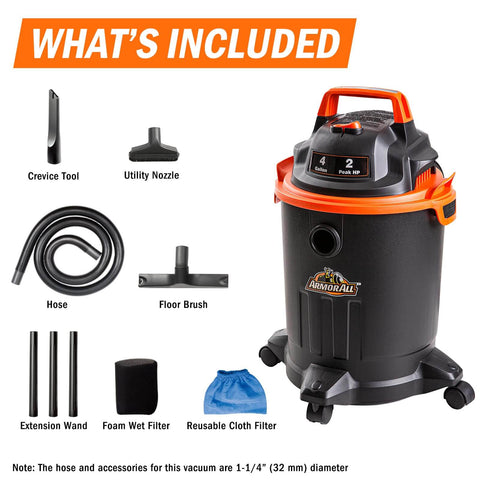 Powerful 2 HP Wet Dry Vacuum With 4 Gallon Tank And Nozzles, includes crevice tool, utility nozzle, hose, floor brush, black and orange.