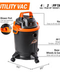 Powerful 2 HP Wet Dry Vacuum With 4 Gallon Tank And Nozzles, Compact Shop Vacuum, 660W Suction, Portable Black And Orange Design