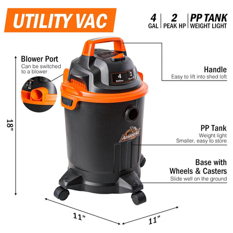 Powerful 2 HP Wet Dry Vacuum With 4 Gallon Tank And Nozzles, Compact Shop Vacuum, 660W Suction, Portable Black And Orange Design
