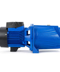Side view of a Convertible Well Jet Pump for Shallow to Deep Wells, Cast Iron Construction with Ejector Kit, blue design.