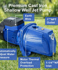 Convertible Well Jet Pump For Shallow To Deep Wells Cast Iron Construction With Ejector Kit Built Tough For 25 To 90 Feet Dual Voltage 115V And 230V Automatic Pressure Switch 1HP Powerhouse For Irrigation Or Lawn Sprinklers Blue