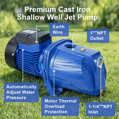 Convertible Well Jet Pump For Shallow To Deep Wells Cast Iron Construction With Ejector Kit Built Tough For 25 To 90 Feet Dual Voltage 115V And 230V Automatic Pressure Switch 1HP Powerhouse For Irrigation Or Lawn Sprinklers Blue