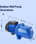 Convertible Well Jet Pump For Shallow To Deep Wells Cast Iron Construction With Ejector Kit dimensions diagram in blue
