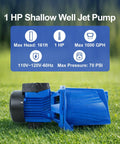 Convertible Well Jet Pump For Shallow To Deep Wells Cast Iron Construction With Ejector Kit Built Tough For 25 To 90 Feet Dual Voltage 115V And 230V Automatic Pressure Switch 1HP Powerhouse For Irrigation Or Lawn Sprinklers Blue on grass