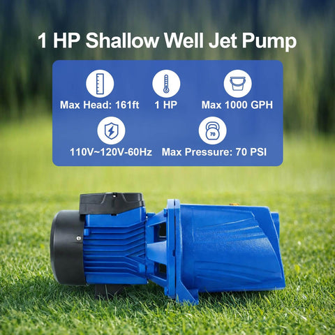 Convertible Well Jet Pump For Shallow To Deep Wells Cast Iron Construction With Ejector Kit Built Tough For 25 To 90 Feet Dual Voltage 115V And 230V Automatic Pressure Switch 1HP Powerhouse For Irrigation Or Lawn Sprinklers Blue on grass
