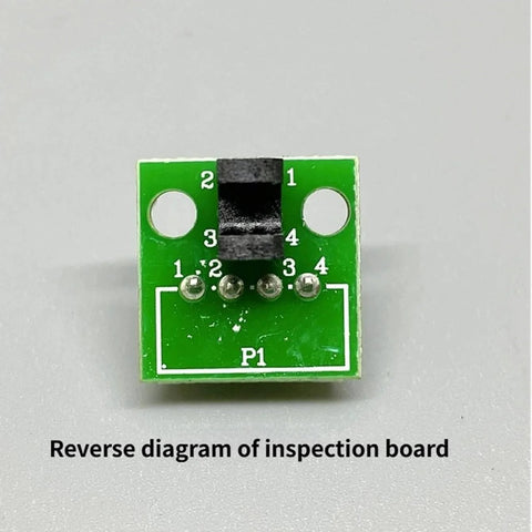 Reverse diagram of inspection board with labeled connectors on a green circuit board