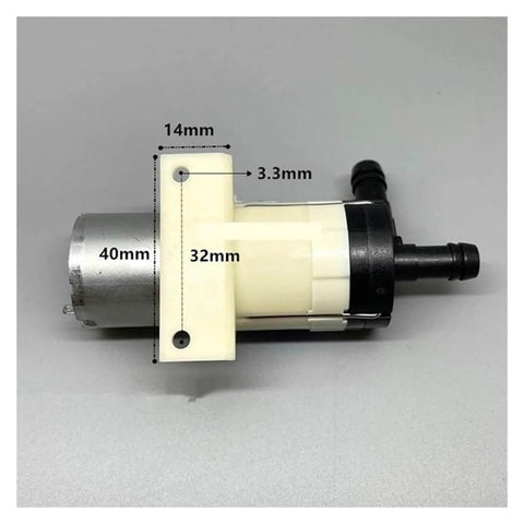 Side view of Cordless 12V Diaphragm Water Pump with 8mm Orifice Metering Flow, showing dimensions and fittings.
