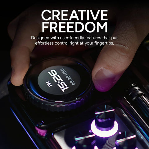 Close-up of MasterHUB Encoder Dial With Crisp IPS Display for Creative Pros showing time on screen, hand adjusting the dial.