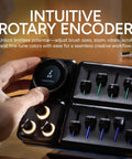 Person using MasterHUB Encoder Dial with crisp IPS display for creative pros and modular platform, featuring rotary controls and audio mixer.