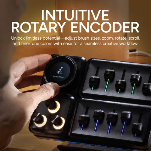Person using MasterHUB Encoder Dial with crisp IPS display for creative pros and modular platform, featuring rotary controls and audio mixer.