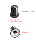 Set of 10 D Type Potentiometer Knobs for 6mm Shafts, black plastic, shown with dimensions 16 x 18mm, top and bottom view
