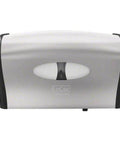 Front view of stainless steel side-by-side coreless bath tissue dispenser with black end caps