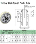 Diagram of FZ-K Hollow Shaft Magnetic Powder Brake with technical specifications table, showcasing design details and model parameters.