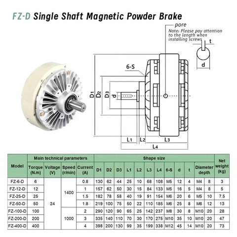 Magnetic Powder Brake DC24V For Textile And Packaging Unwinders technical diagram with measurements and specifications table
