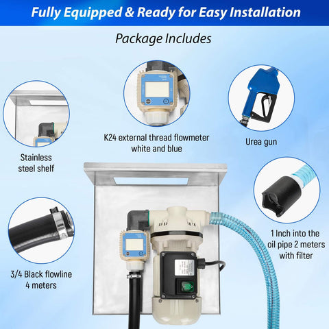 Upgraded DEF Transfer Pump Kit components including K24 flow meter, urea gun, stainless shelf, and hoses for trucks and tractors
