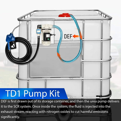 Upgraded DEF Transfer Pump Kit Delivers 10 GPM Flow With 110V AC 550W Electric Urea Pump shown on cube tank with hoses.